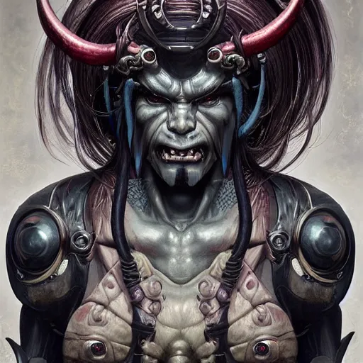 Image similar to portrait, cyberpunk japanese oni demon with horns, stern expression, long hair, highly detailed, digital painting, artstation, concept art, smooth, sharp focus, illustration, artgerm, tomasz alen kopera, peter mohrbacher, donato giancola, joseph christian leyendecker, wlop, frank frazetta