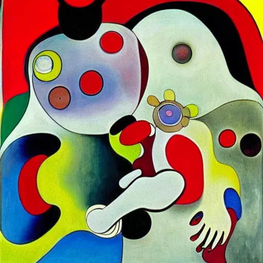 Image similar to Oil painting by Roberto Matta. Strange mechanical beings kissing. Portrait by Takashi Murakami. Joan Miro.
