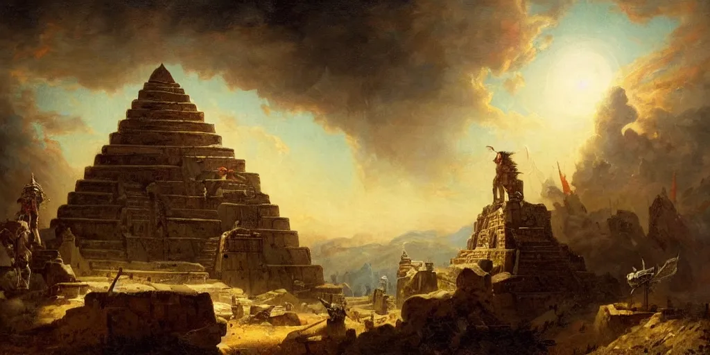 Image similar to hubert robert simonetti rutkowski epic painting aztec warrior watching spaceship starship in the sky, background is mesoamerican pyramid