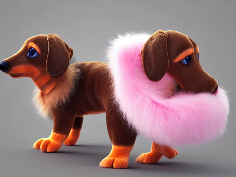 Image similar to high quality 3 d render hyperrealist very cute multipastel very fluffy smooth dachshund plush mascot, vray, smooth in the background, artstation, ultra detailed, octane render