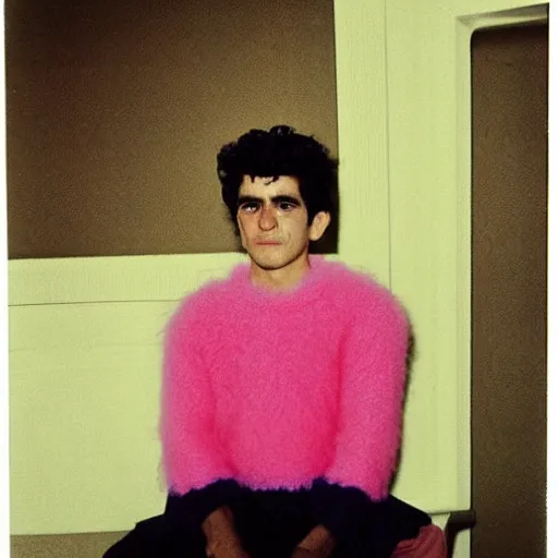 Image similar to old photo of oscar isaak in pink fluffy sweater, 8 0 - s, polaroid photo, by warhol,