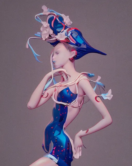 Prompt: james jean isolated avant garde vinyl figure high school girl, figure photography, dynamic pose, holographic undertones, glitter accents on figure, anime stylized, accurate fictional proportions, high delicate defined details, ethereal lighting