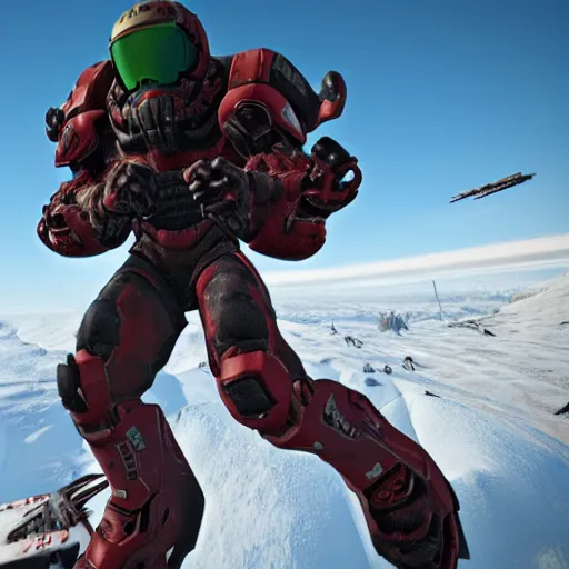 Prompt: Doom Slayer on skis mid jump