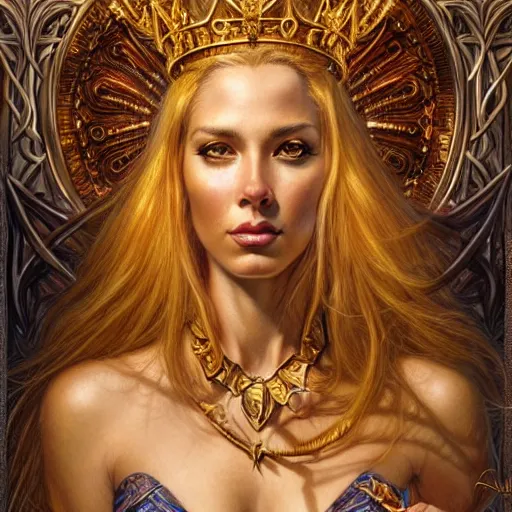 Prompt: highly detailed portrait of a majestic lioness queen in the form of a beautiful woman. d & d. art by donato giancola, chris rallis, anna dittmann, alberto vargas. trending on artstation, intricate details, energetic composition, golden ratio, concept art, illustration, elegant art, global illuminaition