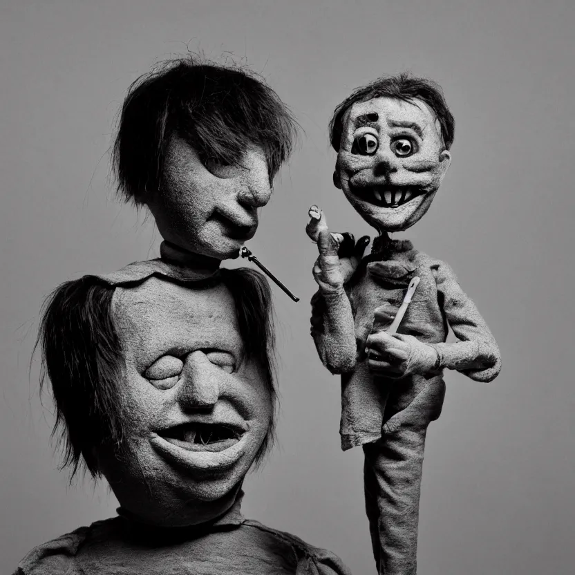 Prompt: bill hicks as a creepy ventriloquist dummy amoking in the style of roger ballen, 4 k, portrait