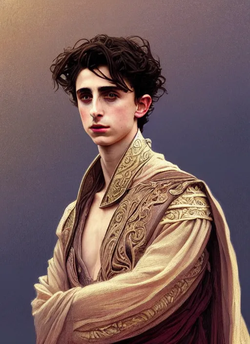 Prompt: portrait of timothee chalamet as a lord, dark cloth, dune, intricate, headshot, highly detailed, digital painting, artstation, concept art, sharp focus, cinematic lighting, illustration, art by artgerm and greg rutkowski, alphonse mucha, cgsociety