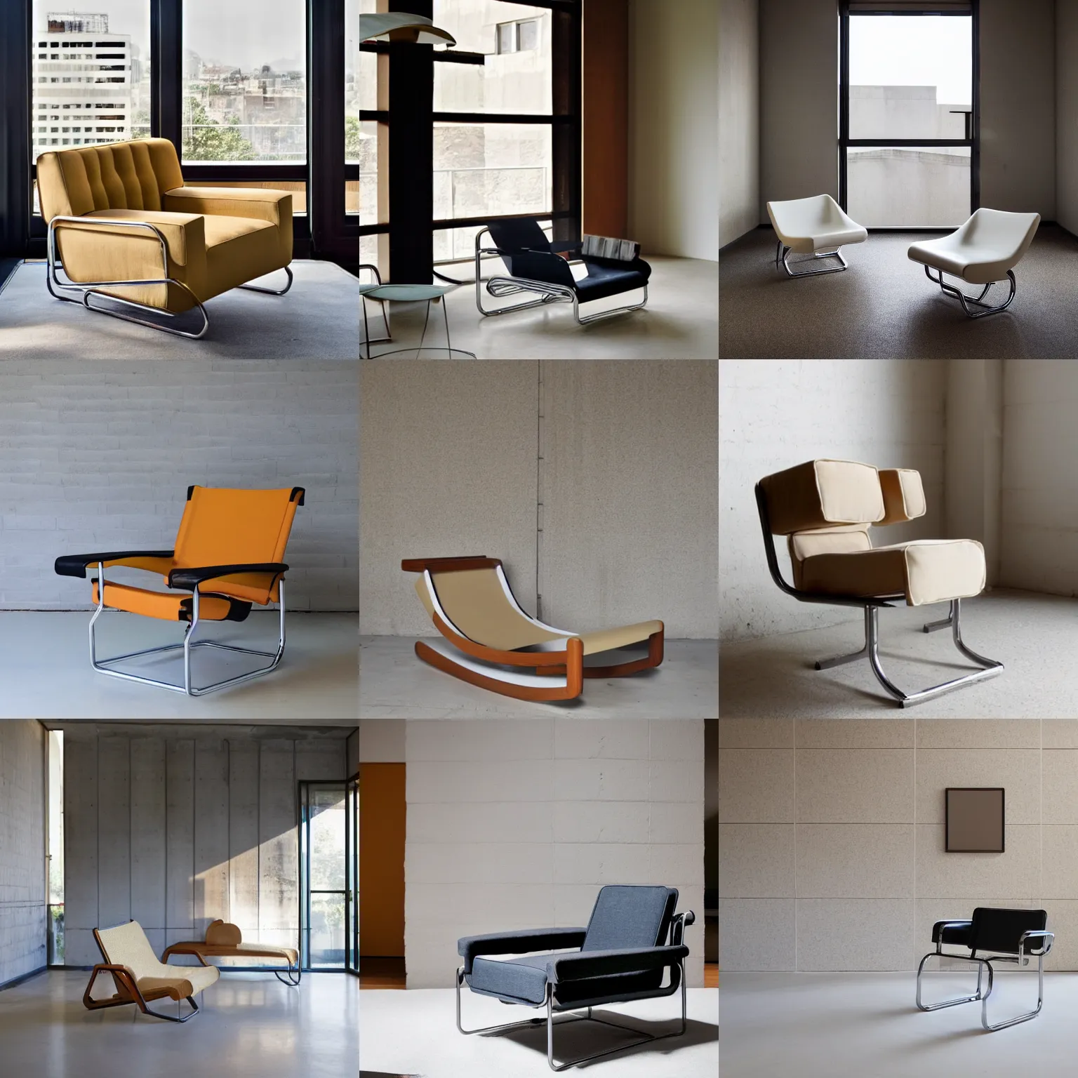 Prompt: tubular lounge chair in the style of marcel breuer in a brutalist apartment, soft warm lighting