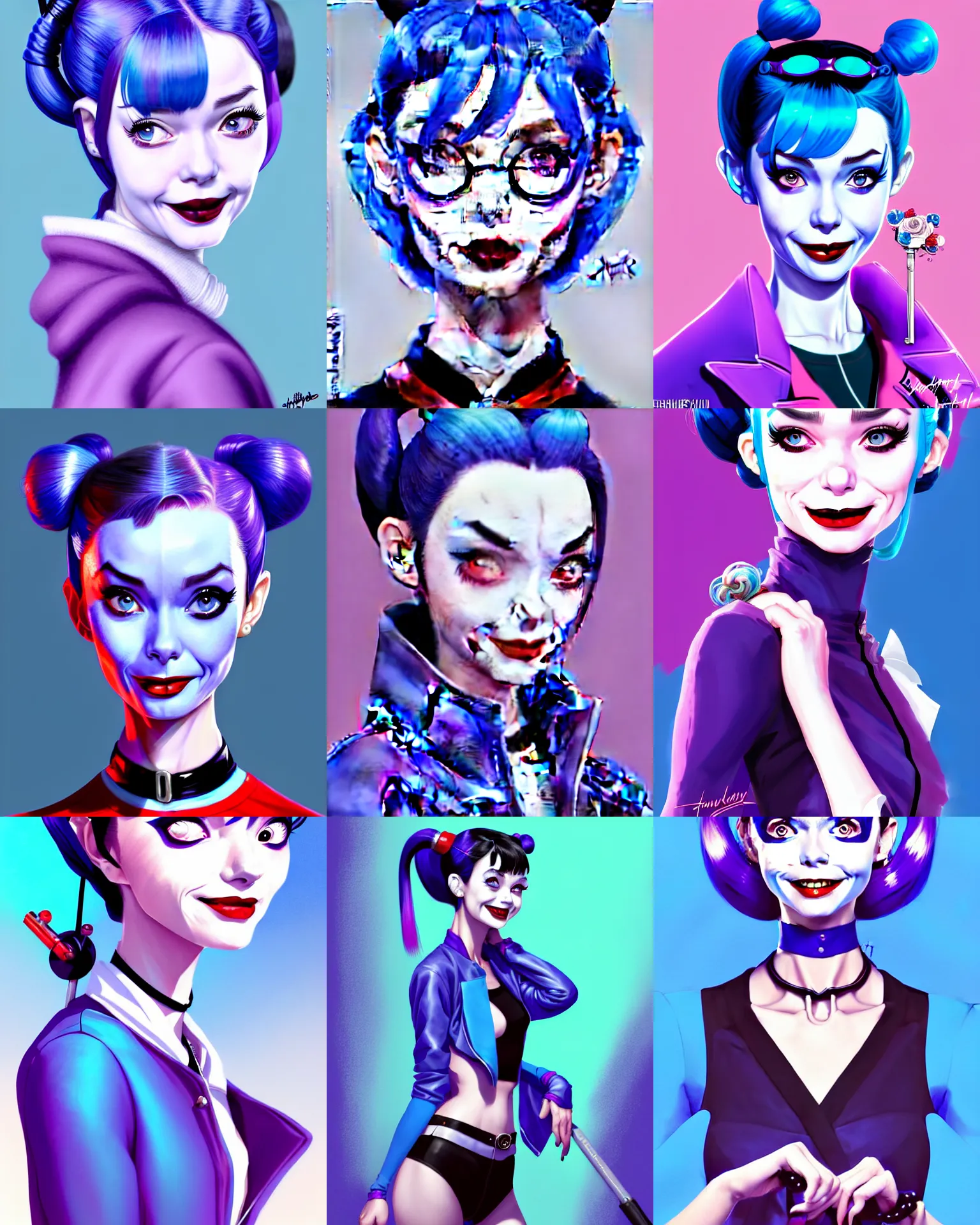 Prompt: harley quinn as audrey hepburn, blue hairs, two long braids blue, no makeup, purple jacket, portrait shinkai makoto studio ghibli studio key hideaki anno sakimichan stanley artgerm lau rossdraws james jean marc simonetti highly detailed intricate matte sharp focus digital painting artstation pixiv