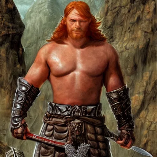 Image similar to character art, d&d, muscular fighter wearing leather chest plate with uncovered arms, ginger hair, great sword, feet standing in a rocky environment by john avon, matte painting by drew struzan and simon bisley, render