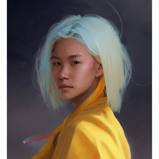 Image similar to filipino girl with blue - yellow hair and a nose band aid, metal bandaid in the nose, highly detailed, digital painting, artstation, concept art, smooth, sharp focus, illustration, art by artgerm and greg rutkowski and alphonse mucha