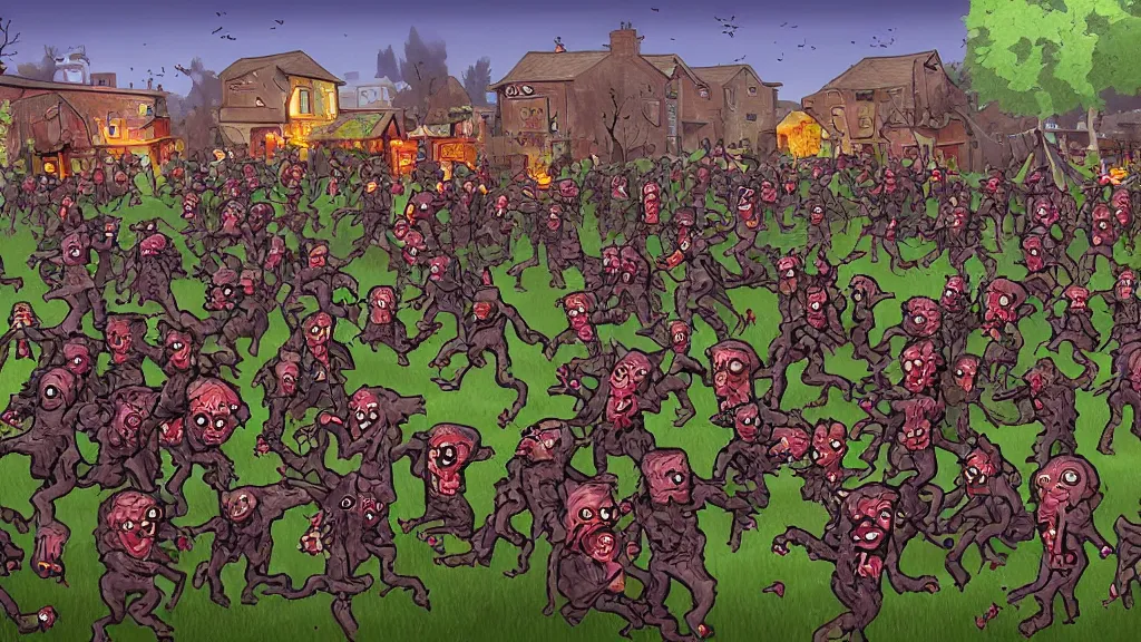 Prompt: hords of zombies flood the village, digital art by Jamey Jones,
