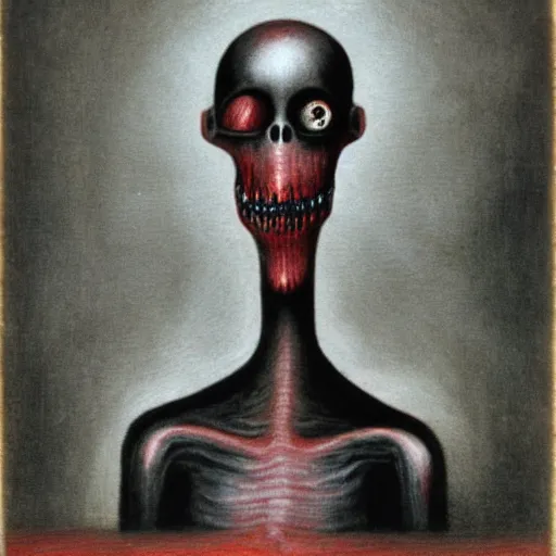 Image similar to humanoid with crooked teeth, two black eyes, long open black mouth, alien looking, big forehead, horrifying, killer, creepy, dead, slightly realistic, slightly red, long neck, boney, monster, tall, skinny, skullish, deathly, in the style of alfred kubin