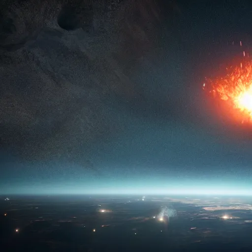 Image similar to photo of a meteor hitting the planet earth, movie still, collision, apocalyptic, cinematic, intense, detailed, distruction, 4 k, 8 k, by michel bay,