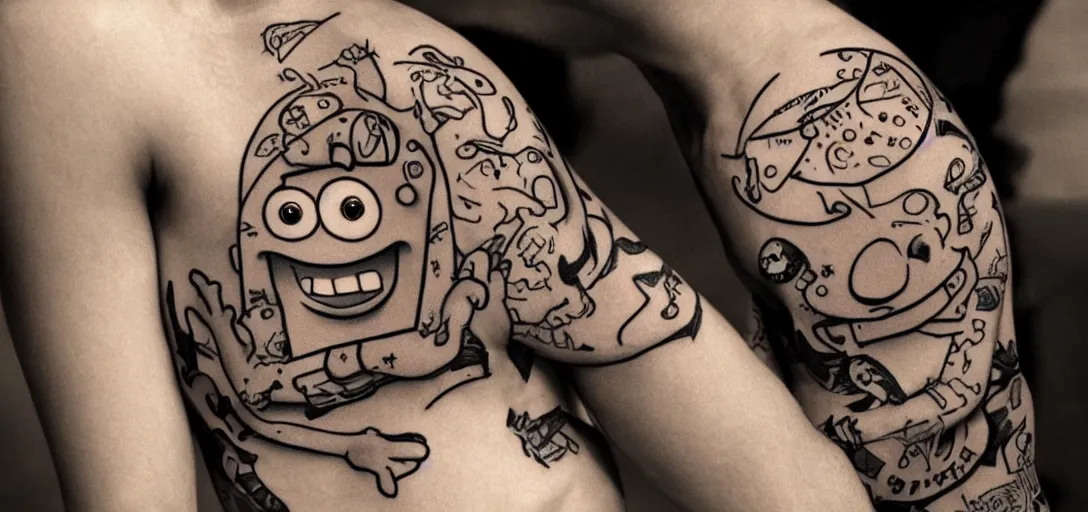 Image similar to spongbob with tattoos photorealism bokeh