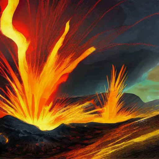 Prompt: volcano, concept art, illustrated, highly detailed, high quality, bright colors, optimistic,