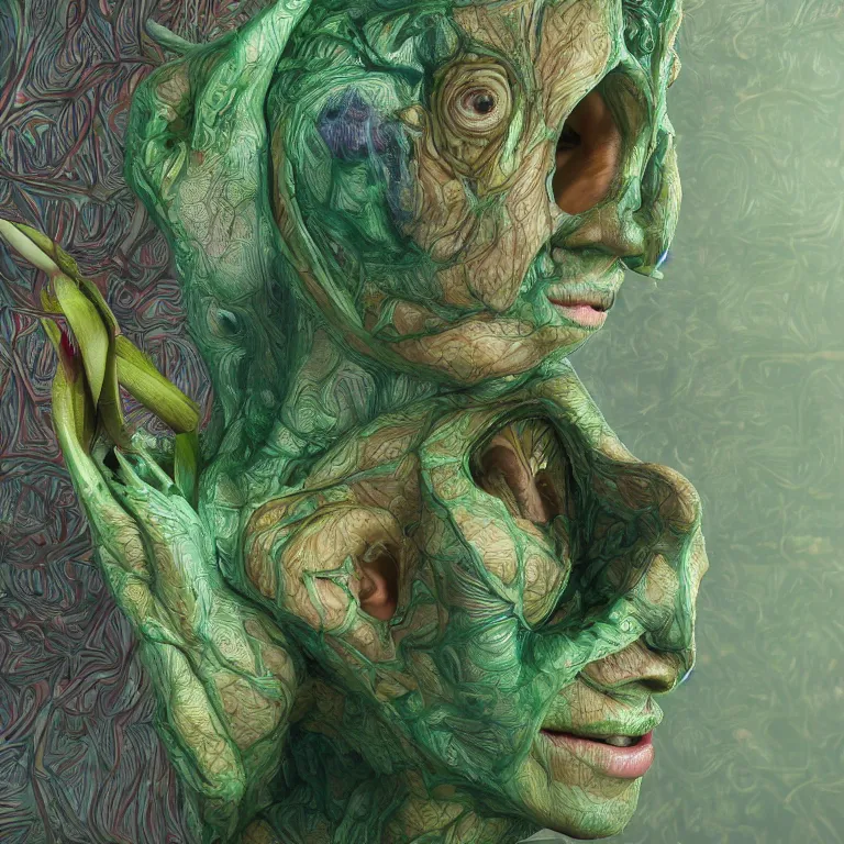 Prompt: a grinning shape shifting girl with reptile skin, plant patterns, her face looks like an orchid, she is the center of the garden, jan van eyck, ernst fuchs, egon schiele, trending on artstation, 8 k, award winning, facial symmetry, iris van herpen, unreal engine 4, high octane, ray tracing, psychedelic