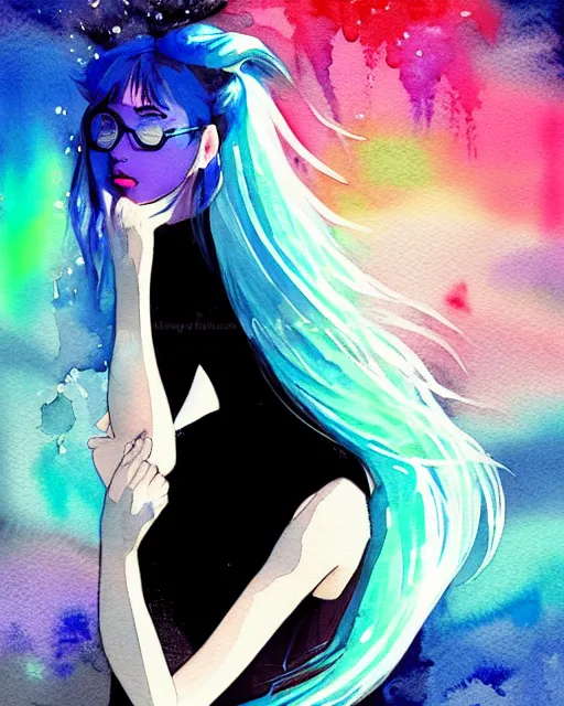 Prompt: watercolor painting of a pretty girl with Blue hair, wearing a Black dress, night city Background. In the style of ilya kuvshinov, dramatic lighting, fantasy, intricate, elegant, highly detailed, lifelike, photorealistic, digital painting, bokeh, HDR, high resolution, artstation, concept art, smooth, sharp focus, art by Krenz Cushart and Albert Aublet