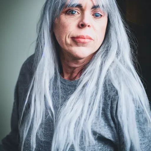 Prompt: dslr photo portrait still of 5 0 year old age 5 0 billie eilish at age 5 0!!!, 8 5 mm f 1. 8