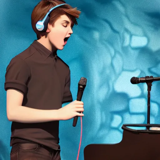 Image similar to a handsome young man with sandy brown hair and blue eyes singing into a neon blue microphone headset posing on stage. dynamic!! pose. gesture drawing. concert. cinematic lighting. wide shot photorealistic. hyper realism. ray tracing hdr. intricate detailed masterpiece. by bouguereau and shigenori soejima. lifelike.