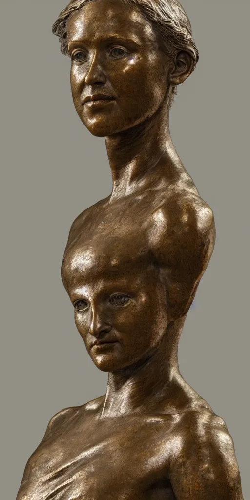 Prompt: detailed photo of an old bronze patina statue of beautiful emma truman, full body portrait, photorealism, intricate detail, museum diffuse lighting