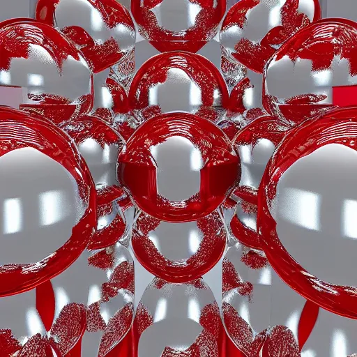Prompt: chrome spheres on a red cube, infinite regress
