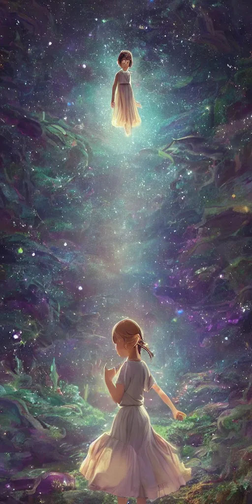 Image similar to a stunning beautiful scene render of somewhere in time a little girl dance latin, emotional, moving, quiet, wonderland, aloneness, dream, realistic, starry night, light effect, moody, attractive, hyper details, 8 k hd, in the style of studio ghibli, beeple, makoto shinkai, animation style, super wide angle, movie lights, very clear