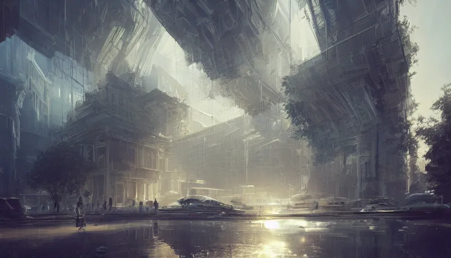 Image similar to solarpunk architecture, light, shadows, rippling reflections, steam, epic composition, intricate, elegant, volumetric lighting, digital painting, highly detailed, artstation, sharp focus, illustration, concept art, ruan jia, steve mccurry