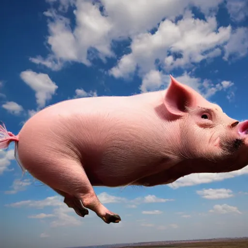 Image similar to national geographic photograph of a flying pig with big pink wings, soaring through the sky, flying above other pigs. daylight, outdoors, wide angle shot