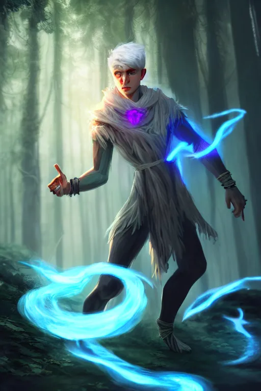 Image similar to a human elemental sorcerer, forest setting, colorful magic, male, white skin, young, sharp focus, concept art, dynamic lighting, unreal engine, by emylie boivin 1. 0 | kyle herring 2. 0