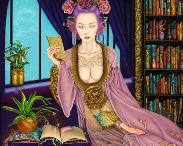 Image similar to a detailed fantasy pastel portrait of a woman wizard in ornate clothing lounging on a purpur pillow on the marble floor in front of her bookcase in a room, reading an ancient tome. to the side is a potted plant, moody light. ancient retrofuturistic setting. key art, focus on face, by chie yoshii and casey weldon