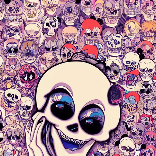 Image similar to anime manga skull portrait girl face disney simpsons detailed highres 4k Mucha and James Jean pop art nouveau