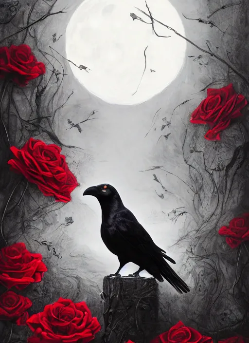 Image similar to portrait, A crow with red eyes in front of the full big moon, book cover, red roses, red white black colors, establishing shot, extremly high detail, foto realistic, cinematic lighting, pen and ink, intricate line drawings, by Yoshitaka Amano, Ruan Jia, Kentaro Miura, Artgerm, post processed, concept art, artstation, matte painting, style by eddie mendoza, raphael lacoste, alex ross