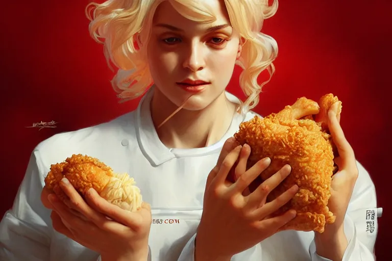 Prompt: kfc chicken, portrait, elegant, intricate, digital painting, artstation, concept art, smooth, sharp focus, illustration, art by artgerm and greg rutkowski and alphonse mucha