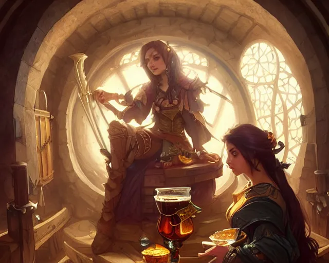 Image similar to bard in a brewery wearing informal clothing, deep focus, d & d, fantasy, intricate, elegant, highly detailed, digital painting, artstation, concept art, matte, sharp focus, illustration, hearthstone, art by artgerm and greg rutkowski and alphonse mucha