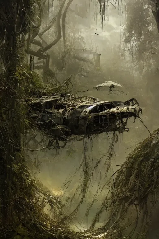 Prompt: decayed aircraft Nimitz laying on the ground overgrown with vegetation and hanging vines, post apocalyptic, tropical forest, by Luis Royo, by Greg Rutkowski, dark, gritty, intricate, cover illustration, concept art, volumetric lighting, volumetric atmosphere, sharp focus, octane render, trending on artstation, 8k,