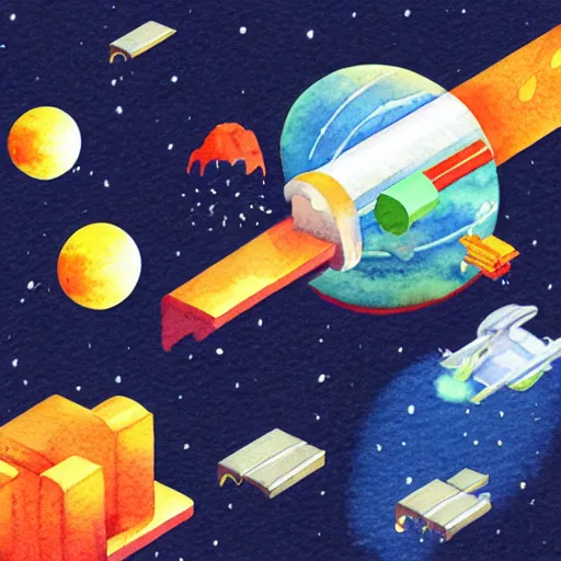 Image similar to isometric watercolor illustration of a printer floating in space