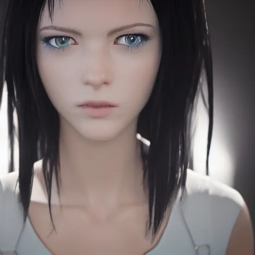 Image similar to « portrait, attractive, blue eyes, black hair, middle length hair, ghost in the shell, front view, unreal engine 5 »