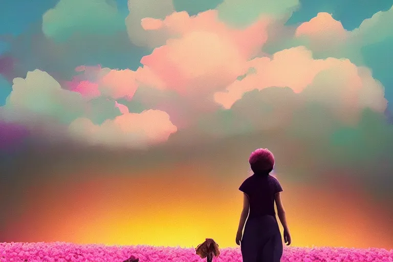 Image similar to giant dahlia flower as the head, girl walking on mountain, surreal photography, pink storm clouds, dramatic light, impressionist painting, digital painting, artstation, simon stalenhag