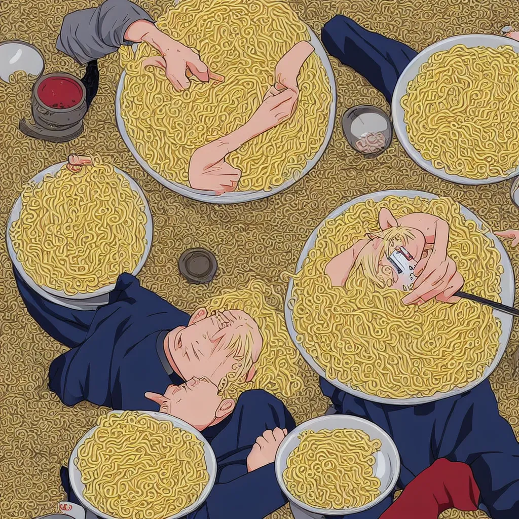 Prompt: a color manga illustration of blonde - haired naruto laying in a pile of ramen noodles in bowls, holding a large bowl of ramen and slurping up noodles. the view is top down. his mood is one of delicious bliss and naruto is the only human in the image. the image is illustrated in high colorful detail by masashi kishimoto and is very very very detailed.