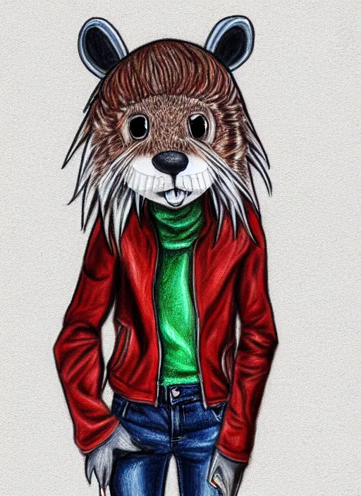 Image similar to expressive stylized master furry artist digital colored pencil painting full body portrait character study of the otter ( sergal ) small head fursona animal person wearing clothes jacket and jeans by master furry artist blotch