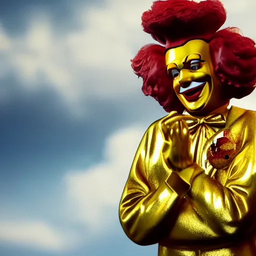 Image similar to a still of ronald mcdonald surrounded by gold and diamonds, award - winning, photograph, 3 d render, unreal engine, 4 k detailed