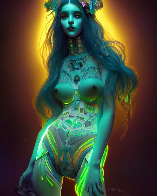 Image similar to a bioluminescent patchwork doll, highly detailed, digital painting, cinematic, hyperrealism, dark retrowave, art by stanley lau and artgerm and magali villeneuve and alphonse mucha, artstation, cgsociety