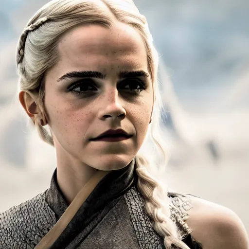 Prompt: Emma Watson as Daenerys Targaryen, XF IQ4, f/1.4, ISO 200, 1/160s, 8K, Sense of Depth, color and contrast corrected, Nvidia AI, Raytracing, Dolby Vision, in-frame