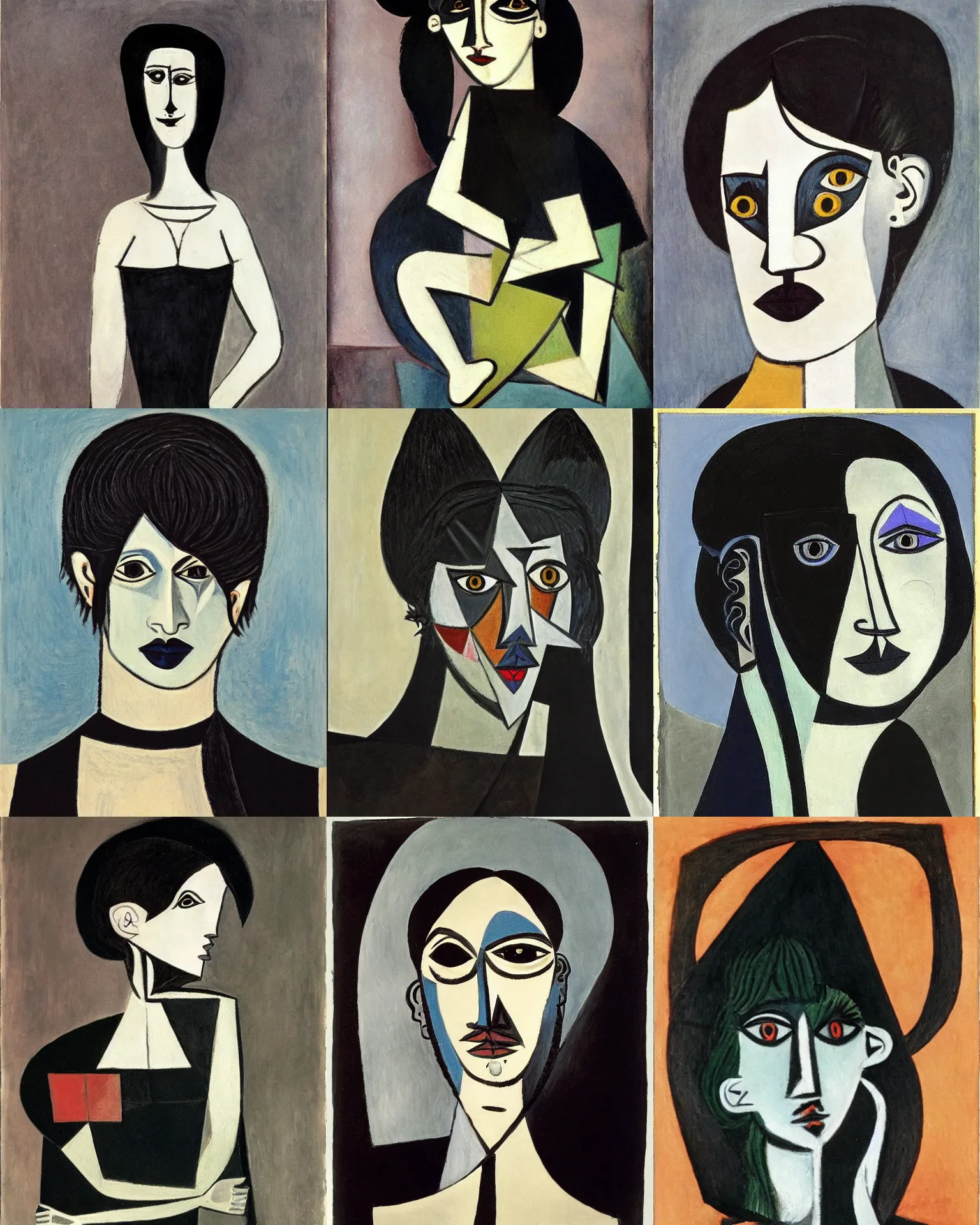 Prompt: A goth painted by Pablo Picasso. Her hair is dark brown and cut into a short, messy pixie cut. She has a slightly rounded face, with a pointed chin, large entirely-black eyes, and a small nose. She is wearing a black tank top, a black leather jacket, a black knee-length skirt, a black choker, and black leather boots.