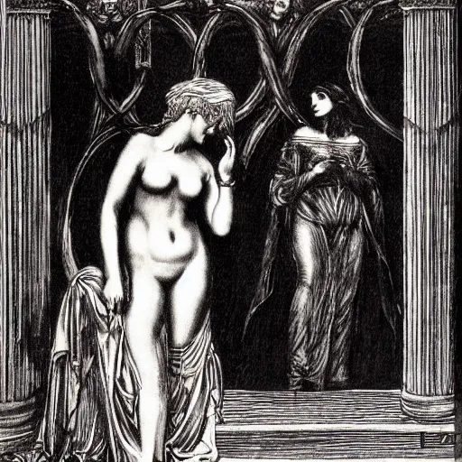 Image similar to ulysses meets witch circe, the odyssey, art by dante gabriel rossetti