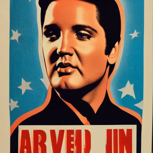 Prompt: campaign poster for elvis presley's presidential run, showing elvis in a suit standing in front of the american flag