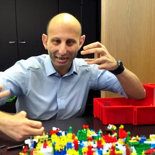 Image similar to A photo of Naftali Bennett playing with legos in his office, high quality