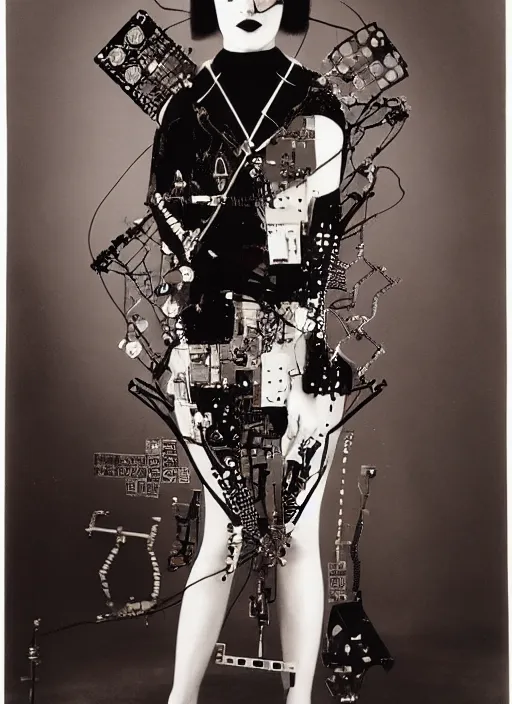 Image similar to Portrait of a punk goth fashion fractal cosmonaut girl wearing kimono made of circuits and leds, surreal photography by Man Ray