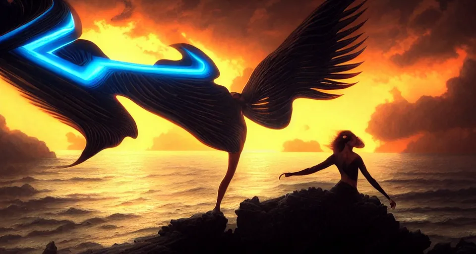 Image similar to tron wings in front surreal sunset, cliffside ocean scene, backlit, aesthetic, diffuse lighting, hyper realistic, elegant, intricate, hyper detailed, smooth, sharp focus, concept art, illustration, trending on artstation, art by artem demura, greg rutkowski, james gurney, and alphonse mucha