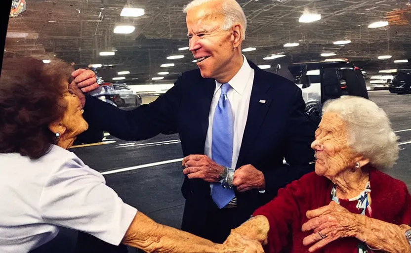 Prompt: low quality footage of joe biden slapping my grandma in the face, back camera, walmart parking lot, camera flash is so bright, uncomfortable, viral, leaked footage, viral on twitter, viral on instagram, viral photo